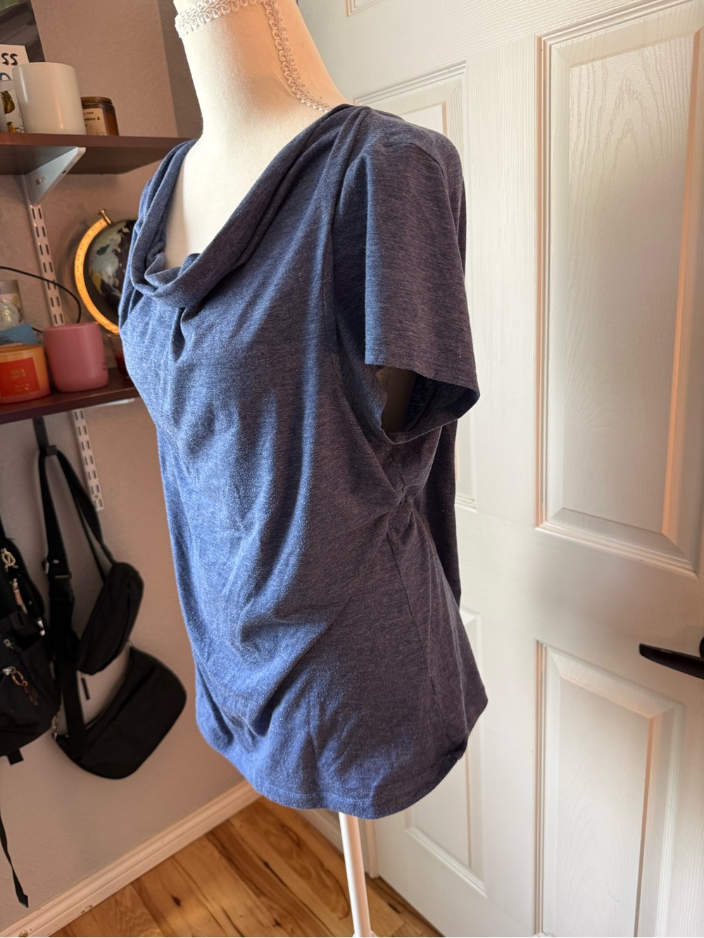 Title Nine Heathered Blue Cowl Neck Short Sleeve Top - Picture 2 of 3